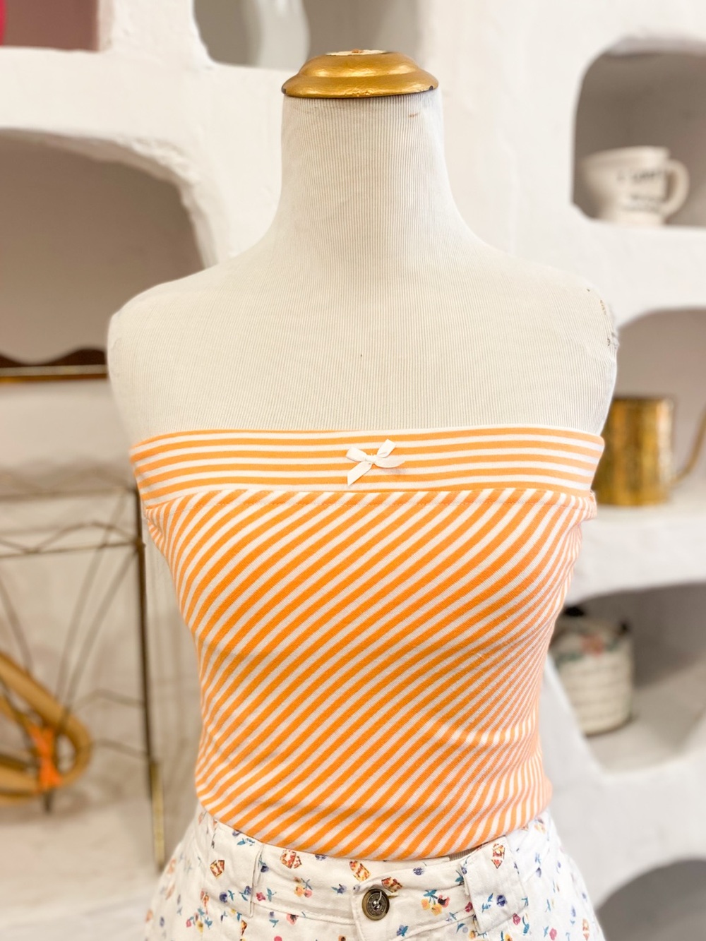 Y2K Vintage Orange & White Diagonally Striped Stretchy Strapless Tube Top